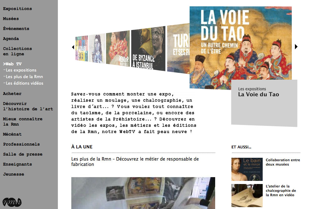 L'image semble être une capture d'écran d'un site web lié à une institution culturelle, probablement un musée ou une galerie d'art. On y trouve des sections pour les expositions, les événements et les collections, ainsi que des liens vers des vidéos et des informations sur des métiers artistiques. Le titre "La Voie du Tao" est mentionné, ce qui suggère qu'il pourrait s'agir d'une exposition ou d'un sujet explorant des thèmes artistiques et philosophiques. Des éléments visuels variés, comme des œuvres d'art et des illustrations, semblent également être présents pour attirer l'attention des visiteurs.