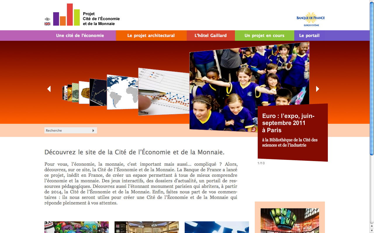 L'image que vous avez décrite semble représenter une page web dédiée au Projet de la Cité de l'Économie et de la Monnaie. On y trouve des éléments visuels comme des graphiques et des images d'enfants, probablement en rapport avec des activités éducatives liées à l'économie. Le texte mentionne la visite du site, ainsi que des informations sur des événements passés à Paris. Le design paraît structuré, avec des sections claires pour naviguer entre les différentes parties du projet.