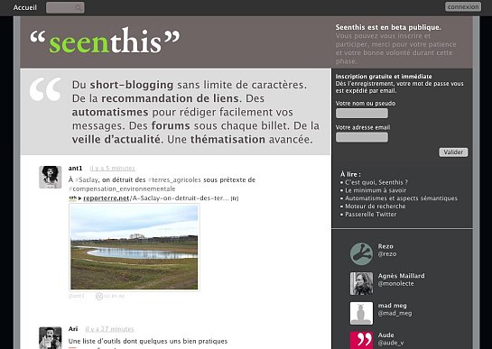 L'image semble être une capture d'écran d'un site web nommé "seenthis". Le site présente une interface de blog, avec des sections pour des articles ou des messages récents. On peut y voir un texte en français qui parle de "short-blogging" et de l'utilisation d'automatisations pour rédiger des messages. Il y a également des commentaires d'utilisateurs, ainsi qu'un aperçu d'une photo en arrière-plan. Le design du site est sobre, avec une palette de couleurs neutres.