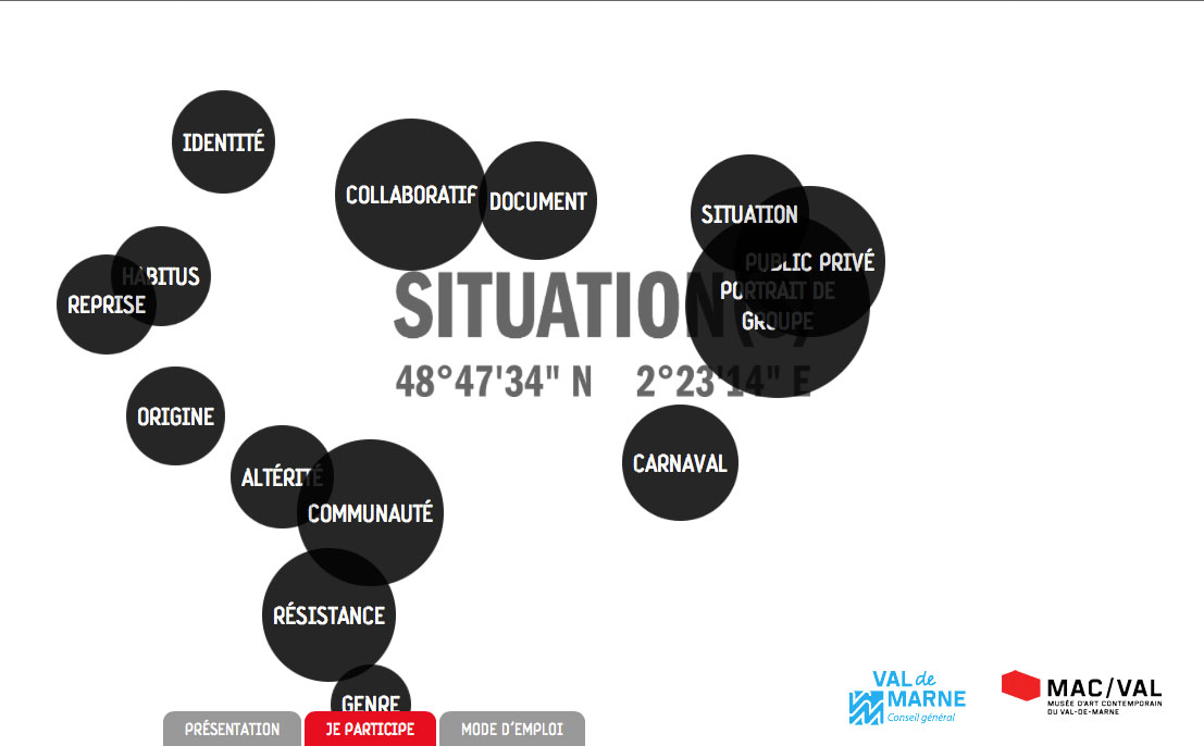 L'image semble présenter un nuage de mots, avec des termes importants liés à un thème central. Au centre, le mot "SITUATION" est mis en avant, entouré d'autres mots tels que "IDENTITÉ", "COLLABORATIF", "DOCUMENT", "ORIGINE", "RÉSISTANCE" et "CARNAVAL", parmi d'autres. Ces mots pourraient évoquer des sujets liés à la diversité, la communauté et des enjeux sociaux. La mise en page est dynamique, suggérant une exploration interactive des concepts. En bas, il y a des mentions de "VAL DE MARNE" et "MAC/VAL", probablement en rapport avec une organisation ou une conférence.