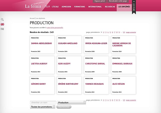 L'image présente une interface d'un site web, probablement celle de "La femis". On voit une section intitulée "PRODUCTION" avec un tableau contenant des résultats. Chaque case du tableau affiche un nom, probablement des personnes associées à la production, ainsi que l'année correspondante. Les noms sont disposés en plusieurs colonnes et lignes. En haut de la page, on trouve des options de navigation telles que "Accueil", "Les diplômes", "FAQ", et d'autres liens. La mise en page utilise des couleurs douces et un design minimaliste.