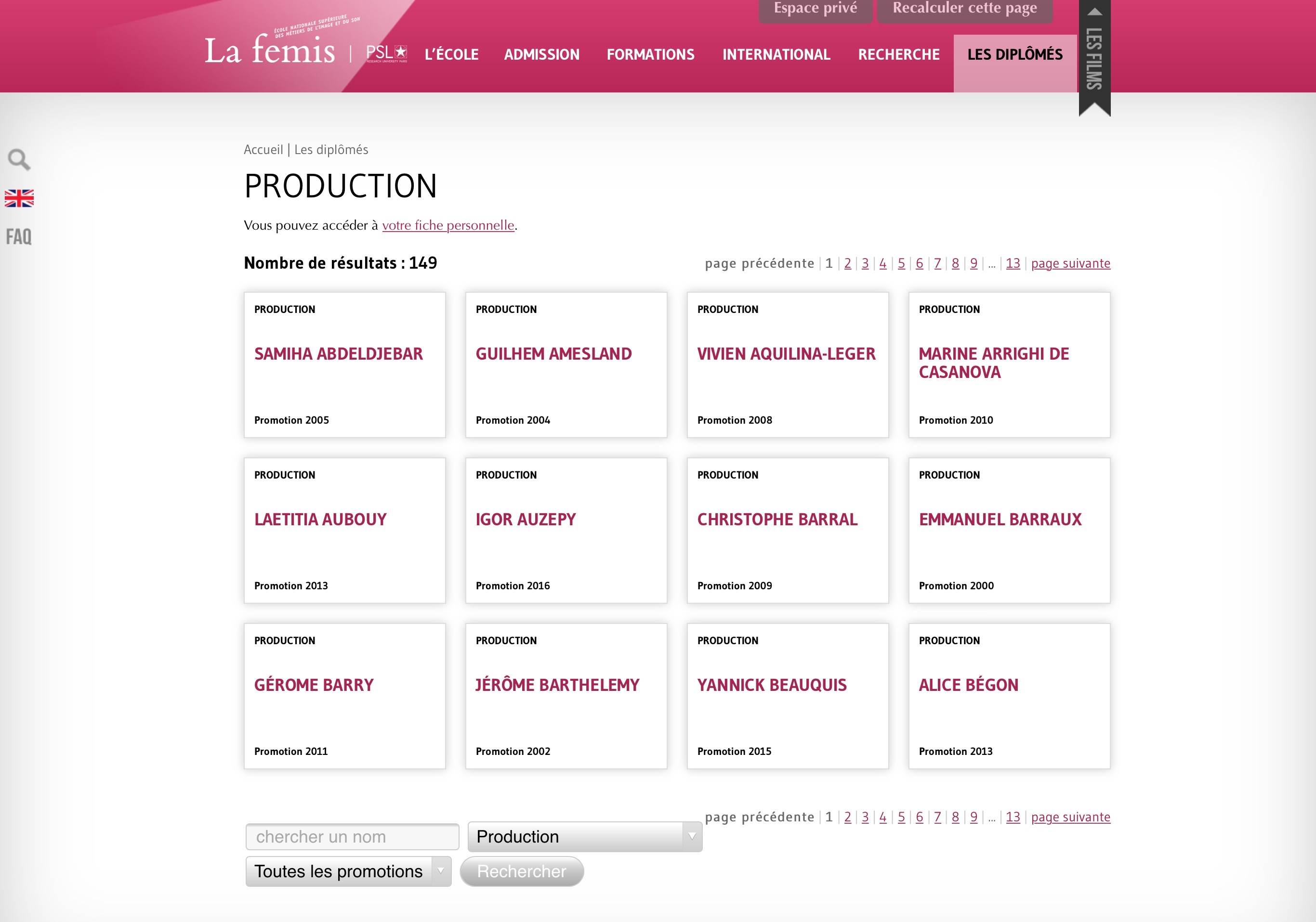 L'image présente une interface d'un site web, probablement celle de "La femis". On voit une section intitulée "PRODUCTION" avec un tableau contenant des résultats. Chaque case du tableau affiche un nom, probablement des personnes associées à la production, ainsi que l'année correspondante. Les noms sont disposés en plusieurs colonnes et lignes. En haut de la page, on trouve des options de navigation telles que "Accueil", "Les diplômes", "FAQ", et d'autres liens. La mise en page utilise des couleurs douces et un design minimaliste.