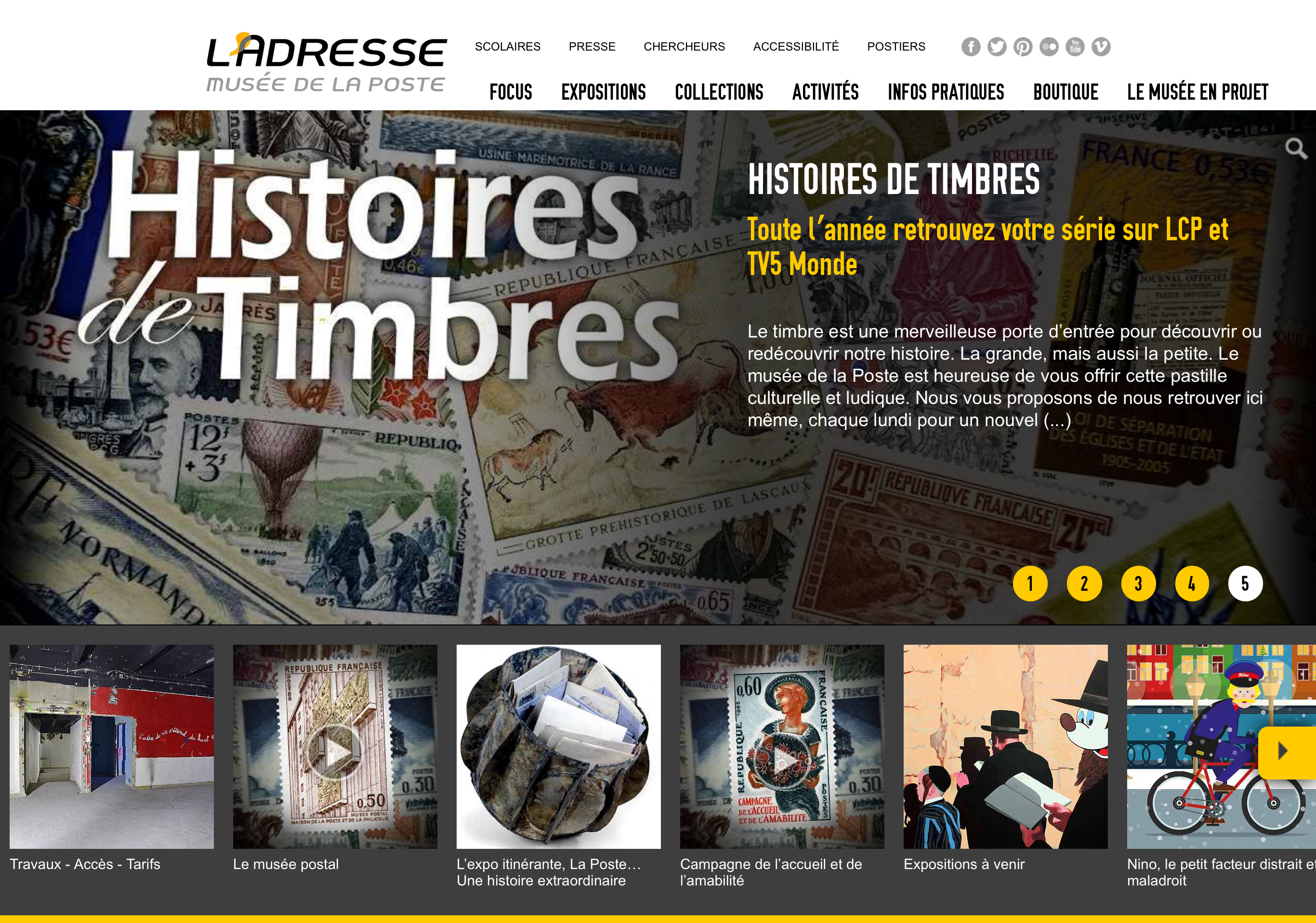 L'image présente un site web consacré au Musée de la Poste, intitulé "Histoires de Timbres." On y trouve des informations sur des expositions, ainsi que des ressources éducatives et pratiques. La page semble comporter des vignettes illustrant différentes thématiques liées aux timbres, ainsi que des sections sur les travaux en cours et les événements à venir. Les couleurs et la mise en page sont organisées pour attirer l'attention sur le contenu proposé.