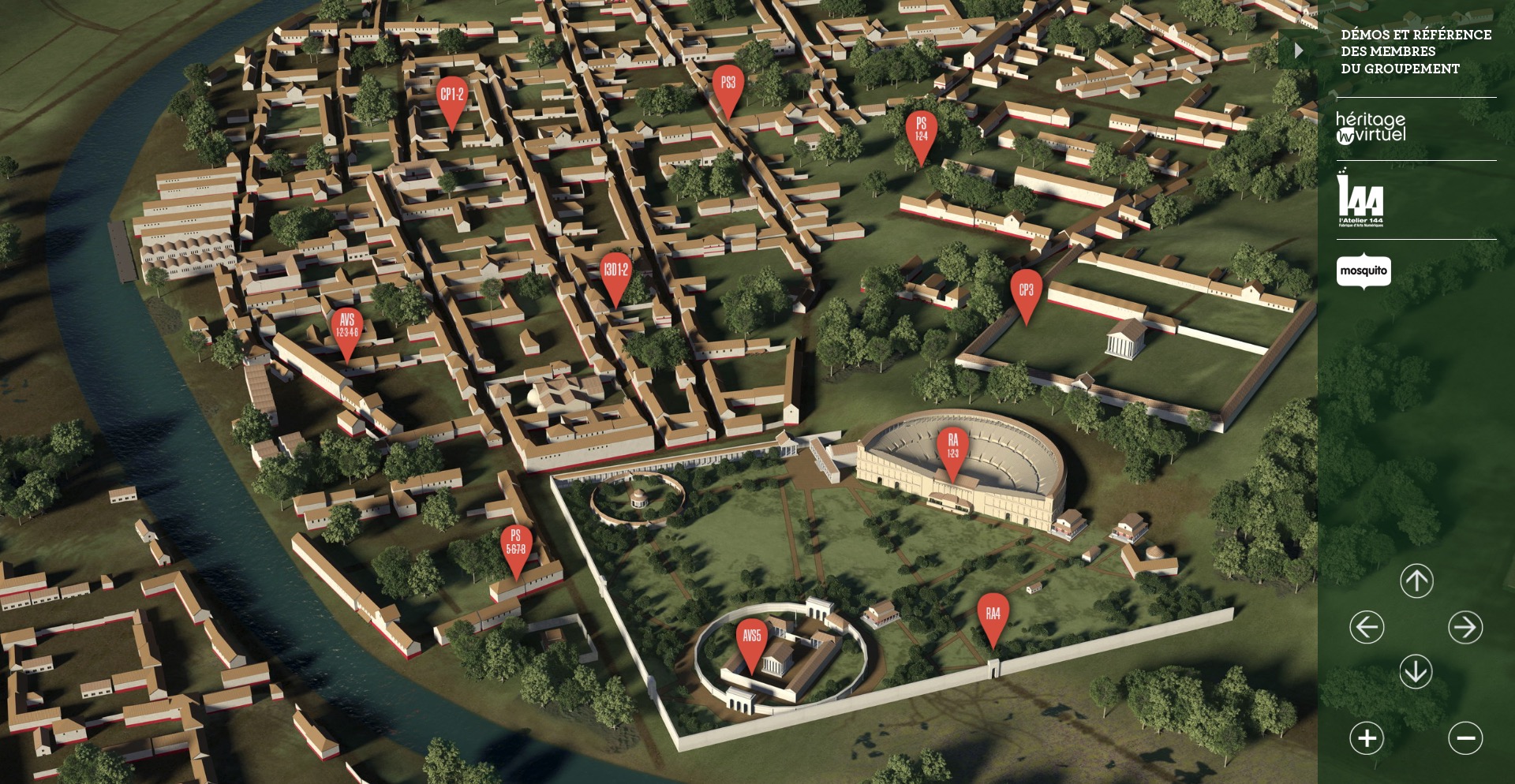 L'image montre une vue aérienne d'une ville ou d'un site architectural, représentant une maquette détaillée. On peut voir des bâtiments disposés de manière organisée, certains marqués par des indicateurs rouge avec des chiffres, probablement pour identifier différents lieux ou points d'intérêt. Il y a une zone verte avec des structures spécifiques qui ressemble à un amphithéâtre ou un espace public, entouré par une bordure. Un cours d'eau serpente à proximité, ajoutant à la dimension naturelle du paysage. Les éléments de navigation sur le côté droit suggèrent qu'il s'agit d'une application ou d'un programme de visite virtuelle.