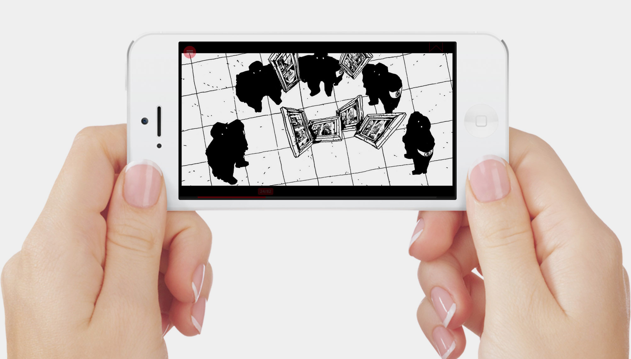 L'image montre une personne tenant un smartphone avec un écran qui affiche une représentation graphique. Sur l'écran, on voit des silhouettes de personnes en noir sur un fond blanc, entourant plusieurs cadres ou écrans rectangulaires. L'ensemble donne une impression de surveillance ou d'observation, avec un certain contraste entre les personnages et le décor minimaliste. Les mains qui tiennent le smartphone sont bien soignées, avec des ongles longs et vernis.