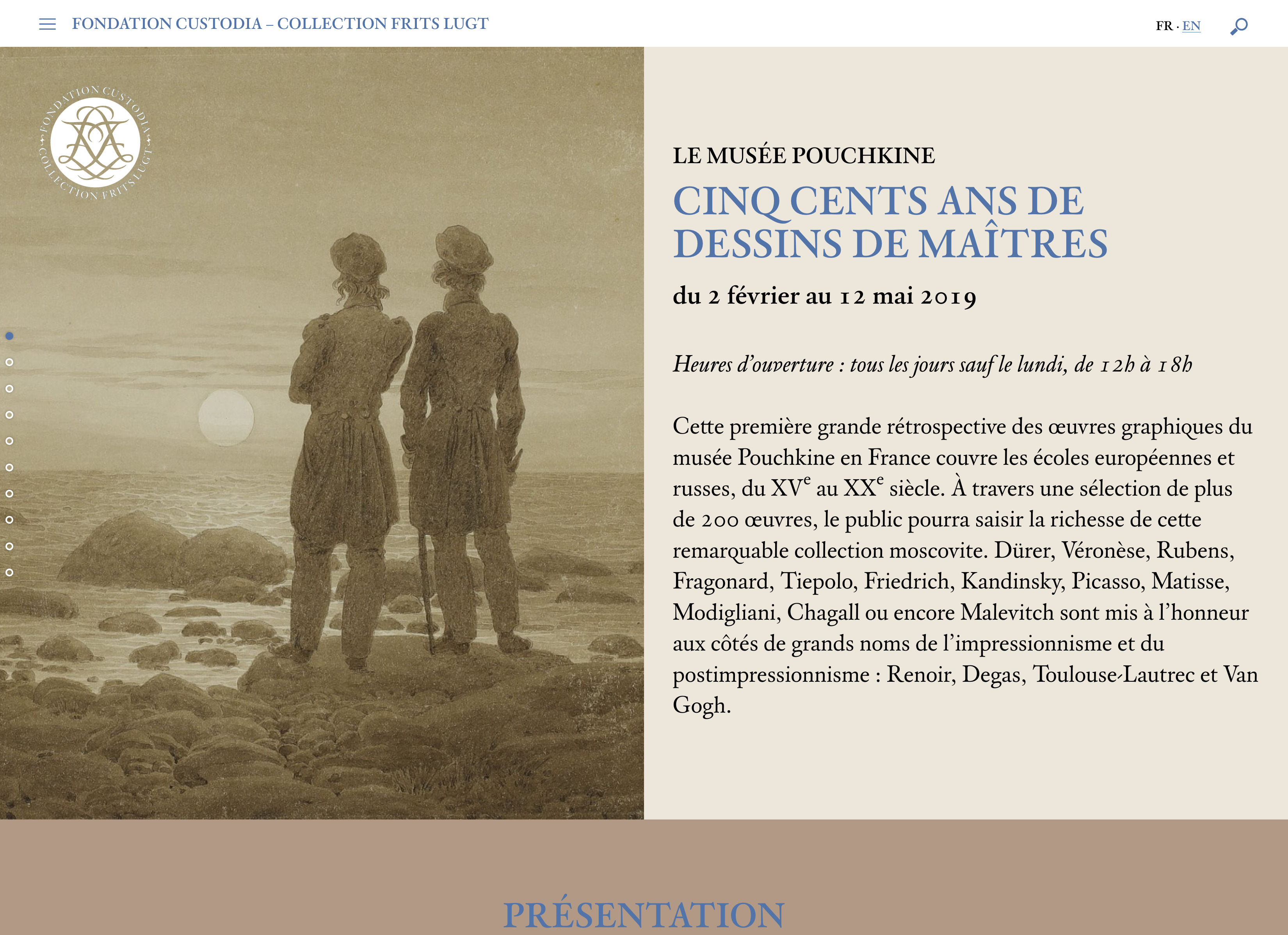L'image est une affiche pour une exposition intitulée "Cinq cents ans de dessins de maîtres", qui s'est tenue au musée Pouchkine du 2 février au 12 mai 2019. Elle présente des informations sur l'exposition, notamment les horaires d'ouverture. L'affiche montre deux silhouettes humaines dos à dos, se tenant sur une plage ou un paysage vaste, ce qui crée une atmosphère contemplative. Les mentions de divers artistes célèbres tels que Véronèse, Rubens et Picasso indiquent la richesse et l'importance des œuvres présentées.