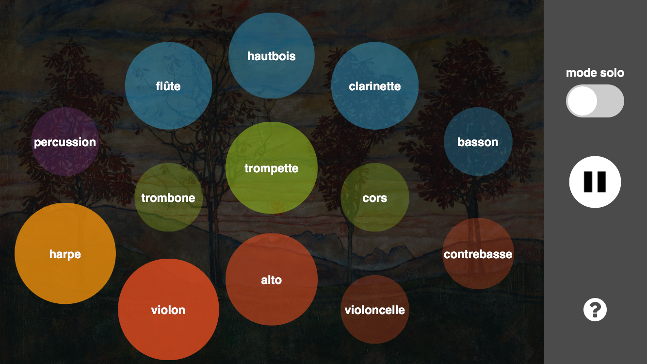 L'image présente un fond artistique avec des arbres stylisés et un ciel coloré. Au centre, plusieurs cercles de différentes tailles et couleurs sont disposés, chacun représentant un instrument de musique. Parmi eux, on trouve des instruments à vent comme la flûte, le hautbois, la clarinette, et des instruments à cordes tels que le violon, l'alto, et la contrebasse. Il y a aussi des cercles pour les trompettes, trombones, cors, percussions et la harpe. Sur la droite, il y a des options pour un mode solo et un bouton de pause.