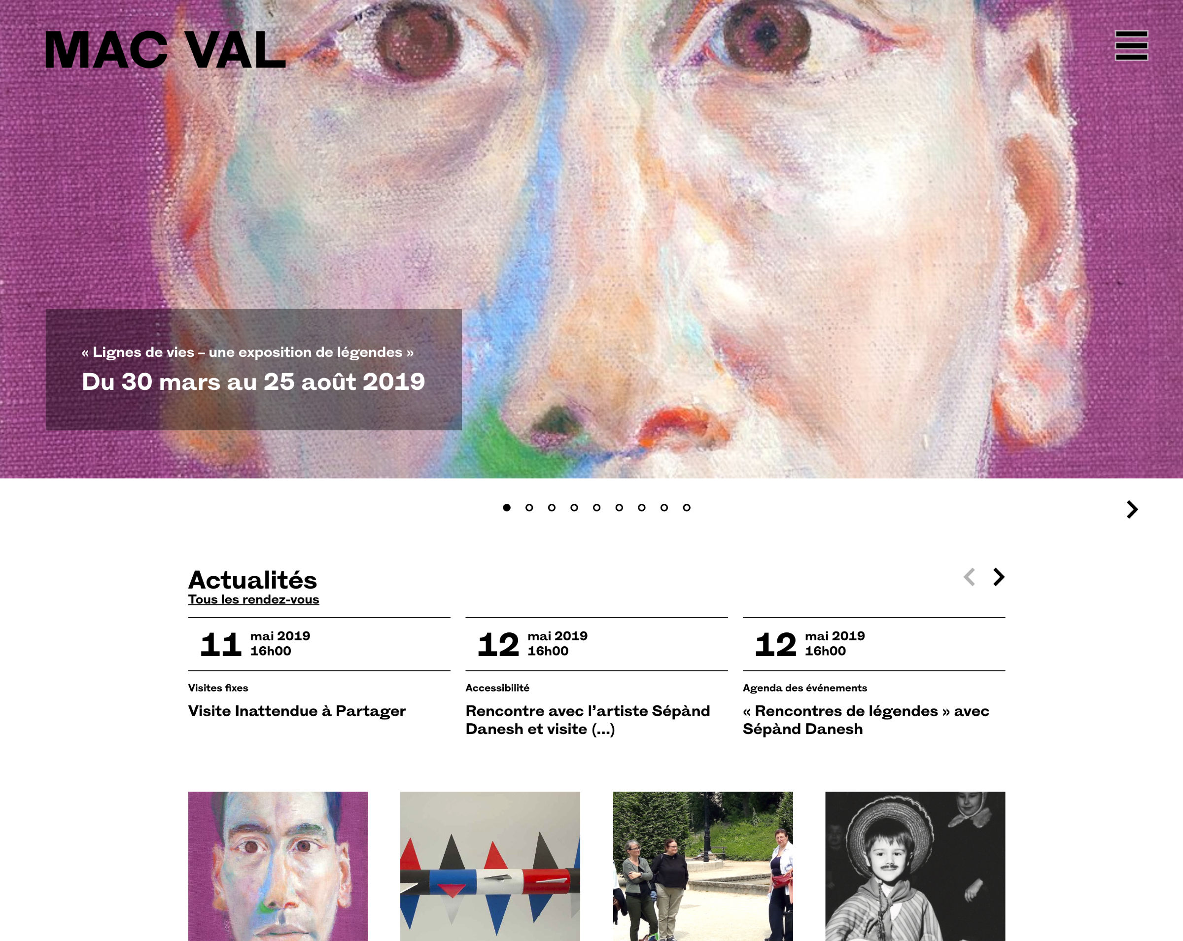 L'image semble représenter une capture d'écran d'un site web, probablement celui d'un musée ou d'une exposition d'art, nommé "MAC VAL". On y voit un visage peint dans un style artistique, suggérant une exposition d'œuvres d'art dont les dates vont du 30 mars au 25 août 2019. En dessous de l'image principale, il y a une section actualités avec des événements programmés, comme des visites et des rencontres avec des artistes. Les informations sont datées en mai 2019.