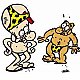 L'image présente deux personnages de style cartoon. Le premier personnage, qui est nu sauf pour une casquette, a un visage très expressif et semble surpris en se regardant. Le deuxième personnage, également en maillot de bain, est un peu plus rond et semble s'adresser au premier avec une attitude décontractée. Les deux personnages sont basés sur un style humoristique, avec des détails exagérés et des expressions comiques.
