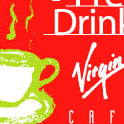 L'image présente un fond rouge avec un design stylisé d'une tasse de café ou de thé, accompagnée de quelques lignes évoquant de la vapeur qui s'en dégage. Le texte indique "Virgin" et "Café", suggérant un lien avec une marque ou un produit lié aux boissons.