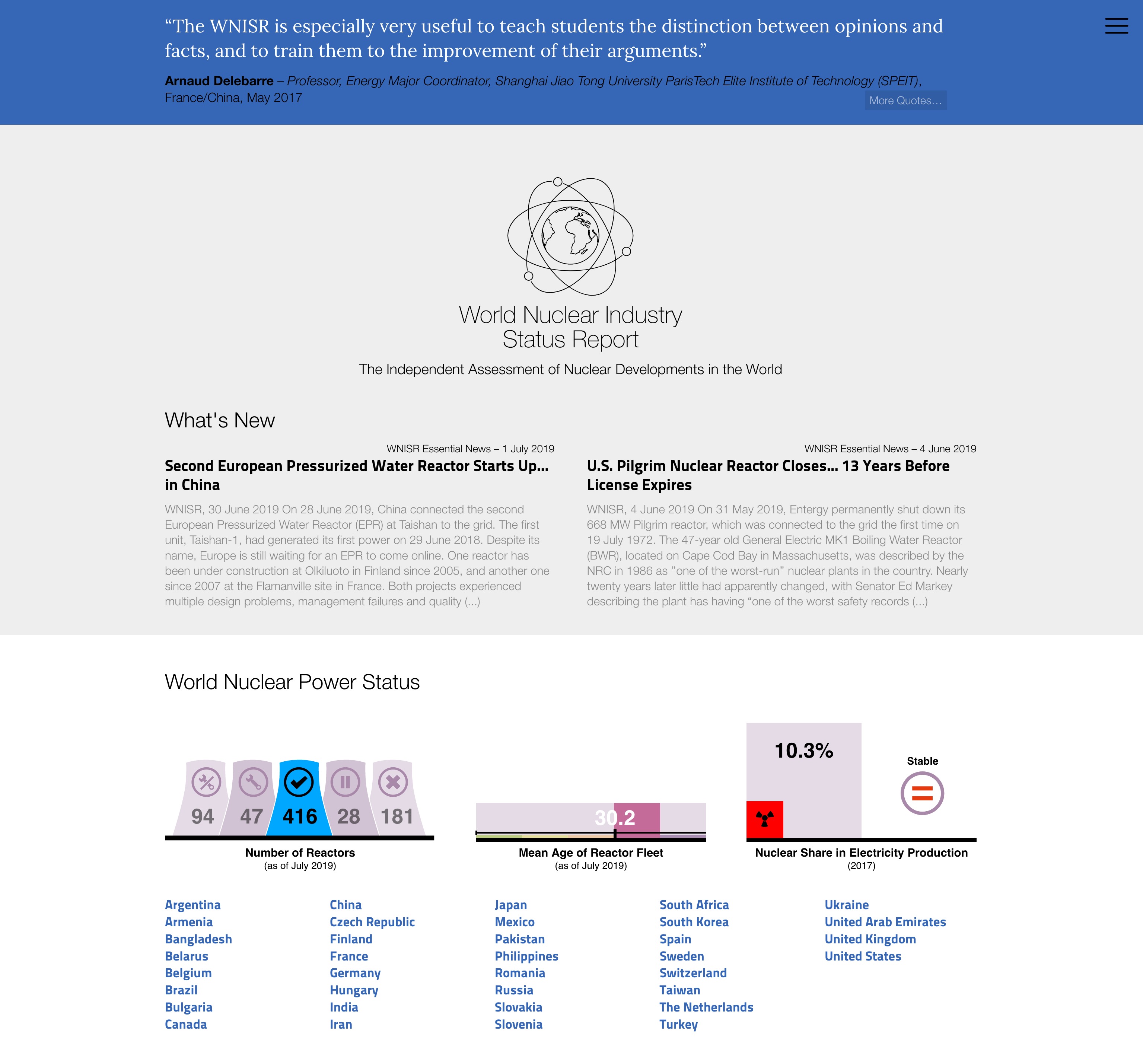 L'image semble être une capture d'écran d'un rapport sur l'industrie nucléaire mondiale. En haut, il y a un titre avec le nom de la publication, suivi de déclarations provenant de divers experts sur l'importance de comprendre les distinctions dans les opinions et leurs implications. Ensuite, il y a des sections concernant l'état de l'industrie nucléaire dans le monde, avec des références à différents pays et leurs installations nucléaires. On peut remarquer des chiffres indiquant le nombre de réacteurs, leur statut et peut-être des informations sur leur utilisation. À la fin, il pourrait y avoir un graphique ou une carte qui illustre la répartition mondiale de l'énergie nucléaire. L'ensemble de la présentation semble bien structuré et informatif, destiné à offrir un aperçu des développements récents dans le domaine.