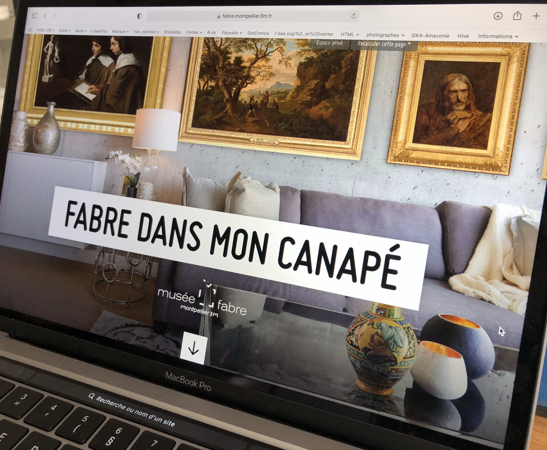 L'image montre l'écran d'un ordinateur portable affichant le site web du musée Fabre. En arrière-plan, on peut voir une pièce élégante avec des tableaux accrochés au mur, deux vases décoratifs sur une table basse, et un canapé. Le texte "FABRE DANS MON CANAPÉ" est écrit en grandes lettres blanches au centre de l'écran, ajoutant à l'impact visuel de la composition.