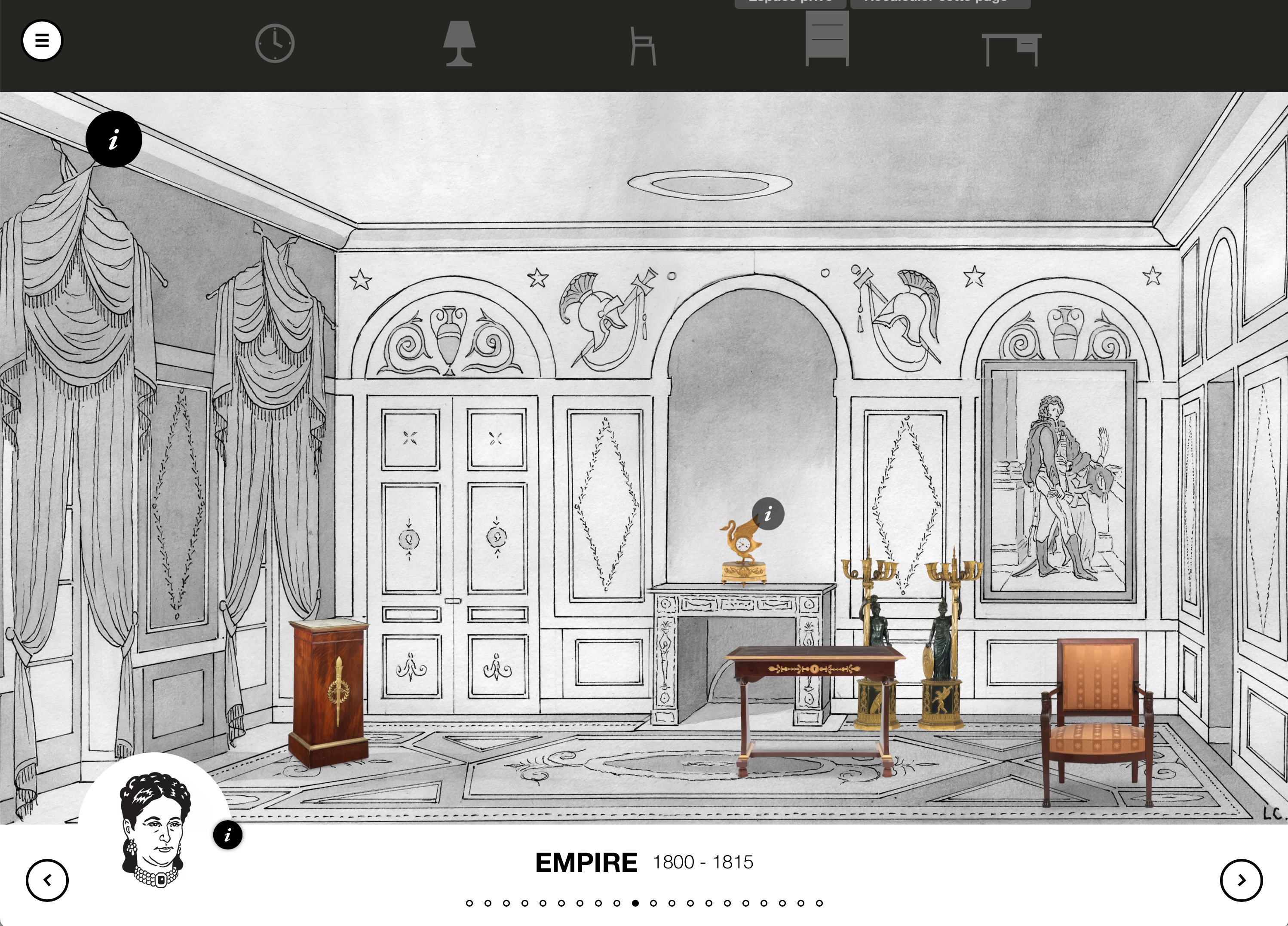 L'image montre une pièce au style Empire, typique du début du 19e siècle. Les murs sont ornés de motifs élégants et de fresques, avec des draperies qui ajoutent une touche de sophistication. Au centre, on peut voir une table accompagnée de chaises, et un grand vase sur chaque côté. Il y a également une cheminée décorée et un tableau accroché, représentant probablement une figure importante de l'époque. L'ensemble de la pièce dégage une atmosphère de luxe et de classicisme.