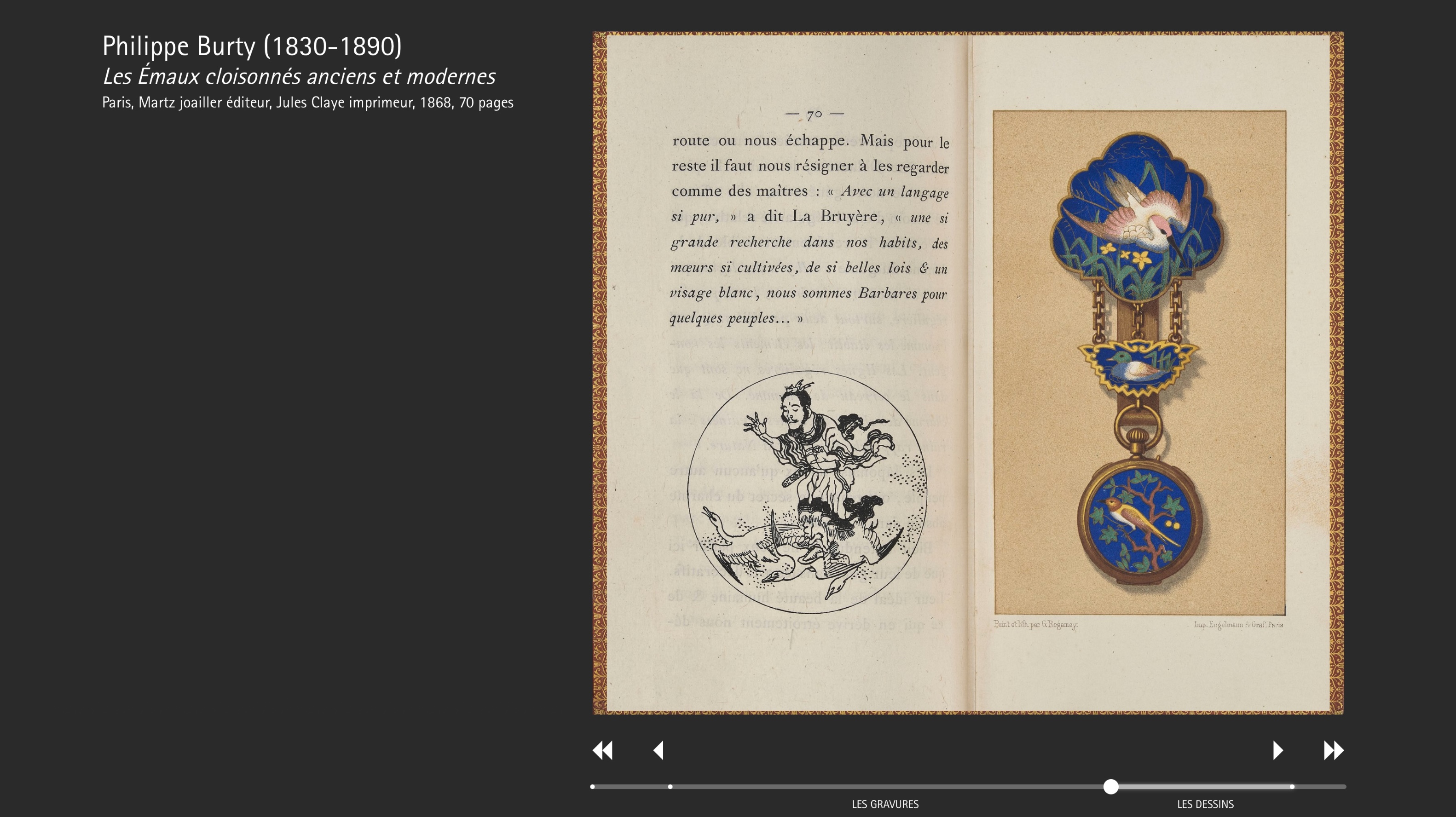 L'image présente une page d'un livre ancien. À gauche, il y a une illustration en noir et blanc représentant une scène ornée de motifs. À droite, un médaillon orné d'un motif bleu et doré est présenté sur un fond beige. Le texte visible mentionne Philippe Burty et parle des émaux anciens et modernes, suggérant un lien avec l'art ou l'artisanat des émaux en France. L'ensemble témoigne d'une certaine esthétique et d'un savoir-faire traditionnel.