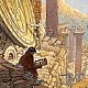 L'image représente un paysage fantastique avec des éléments architecturaux anciens, comme des colonnes et des engrenages géants. Au premier plan, un personnage est assis sur une pierre, tenant un livre ou un carnet, semblant se concentrer sur ses écrits ou ses réflexions. En arrière-plan, d'autres figures s'affairent autour d'une grande horloge qui semble être intégrée dans les ruines. L'atmosphère semble mystérieuse et empreinte de curiosité, suggérant une exploration de savoir ou de technologie ancienne.