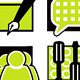 L'image présente des icônes stylisées sur fond de couleur verte. On peut distinguer une main tenant un stylo, une bulle de dialogue, des silhouettes de personnes, ainsi que des outils ou des ustensiles. L'ensemble semble évoquer des thèmes de communication, de collaboration et de créativité.