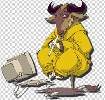 L'image représente un personnage anthropomorphe en forme de chèvre, portant un grand sweat à capuche jaune. Le personnage semble être assis devant un vieil ordinateur, en train de jouer d'un instrument de musique ressemblant à une flûte. Son attitude décontractée et son expression faciale souriante donnent une impression de calme et de concentration. Les cornes de la chèvre ajoutent une touche comique à l'ensemble.