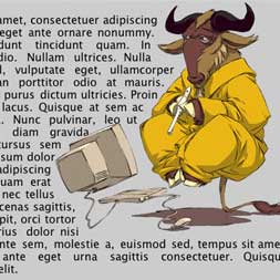 L'image montre un personnage de chèvre assis, portant un habit jaune. Il semble concentré, tenant un stylo et regardant une boîte à côté de lui. Le fond est rempli de texte en latin. L'ensemble donne une impression de calme et de créativité.