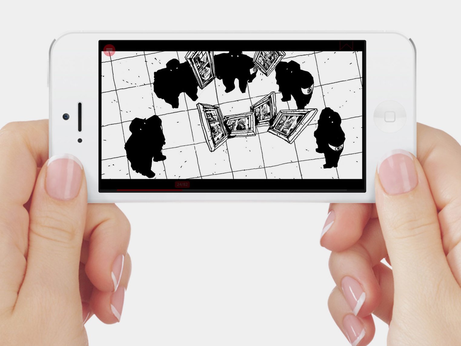 L'image montre une personne tenant un smartphone avec un écran qui affiche une représentation graphique. Sur l'écran, on voit des silhouettes de personnes en noir sur un fond blanc, entourant plusieurs cadres ou écrans rectangulaires. L'ensemble donne une impression de surveillance ou d'observation, avec un certain contraste entre les personnages et le décor minimaliste. Les mains qui tiennent le smartphone sont bien soignées, avec des ongles longs et vernis.