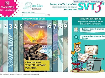 L'image semble être une interface d'un site éducatif lié aux sciences de la vie et de la Terre. On y voit un design coloré avec des sections numérotées, indiquant différents chapitres ou unités d'apprentissage. Le chapitre en question aborde "L'évolution du vivant et l'histoire de la Terre". À gauche, il y a probablement une illustration d'un paysage naturel avec des éléments de faune et de flore. On aperçoit également un personnage, qui pourrait être un enseignant, interagissant avec le contenu du site. Le tout est structuré de manière à encourager les utilisateurs à explorer et à approfondir leurs connaissances.