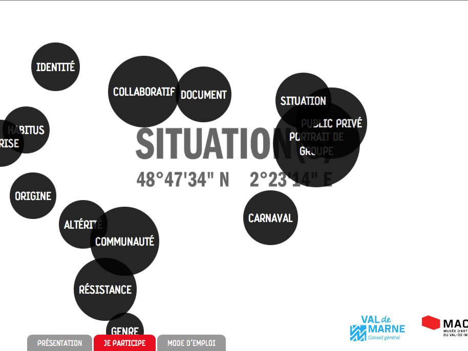 L'image semble présenter un nuage de mots, avec des termes importants liés à un thème central. Au centre, le mot "SITUATION" est mis en avant, entouré d'autres mots tels que "IDENTITÉ", "COLLABORATIF", "DOCUMENT", "ORIGINE", "RÉSISTANCE" et "CARNAVAL", parmi d'autres. Ces mots pourraient évoquer des sujets liés à la diversité, la communauté et des enjeux sociaux. La mise en page est dynamique, suggérant une exploration interactive des concepts. En bas, il y a des mentions de "VAL DE MARNE" et "MAC/VAL", probablement en rapport avec une organisation ou une conférence.