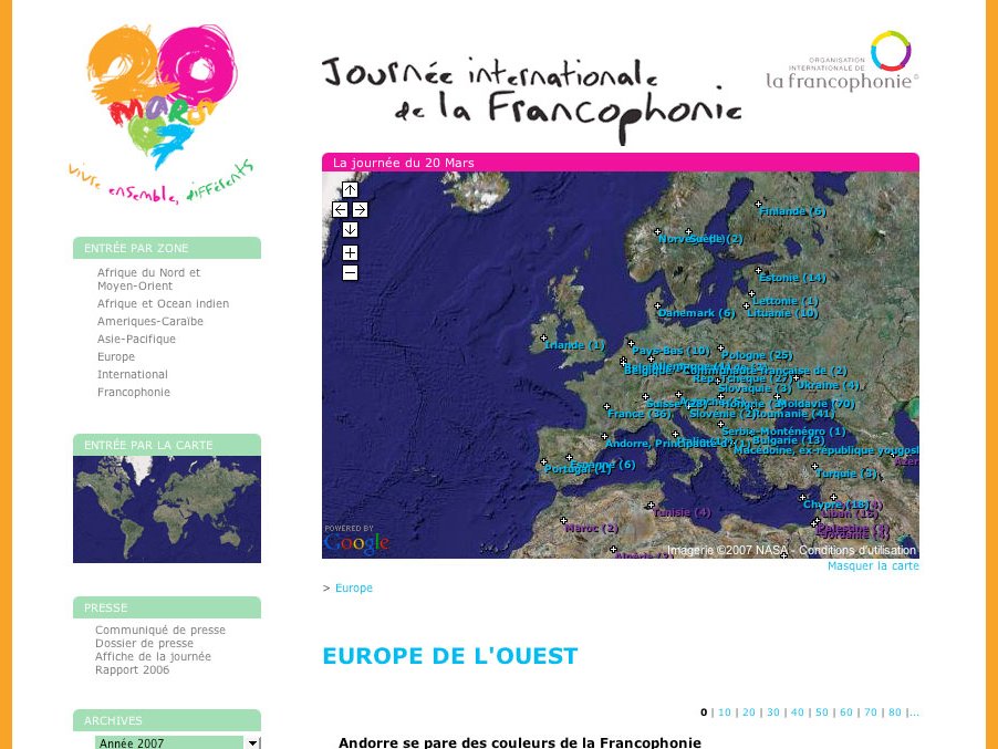 L'image représente un site web consacré à la Journée internationale de la Francophonie, célébrée le 20 mars. Le design coloré comprend une carte de l'Europe de l'Ouest, mettant en évidence divers pays et régions où le français est parlé. Des icônes ou des marqueurs peuvent indiquer des événements ou des activités liés à cette célébration de la langue française et de la culture francophone. Le tout est encadré par un fond orange vif et des éléments graphiques évoquant la diversité et l'unité du monde francophone.