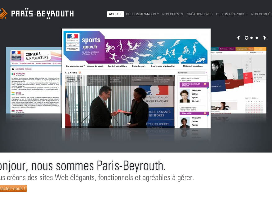 L'image présente une page d'accueil d'un site Web intitulé "Paris-Beyrouth". Elle met en avant des services de création de sites Web élégants et fonctionnels. On y trouve des sections mentionnées comme "Accueil", "Nos clients", "Créations Web", "Design graphique" et "Nos compétences". La présentation inclut également des aperçus de différents sites en rapport avec le sport, mettant en valeur une approche moderne et dynamique du design Web. Un message de bienvenue indique que l'entreprise est dédiée à la création de sites Internet agréables à gérer.
