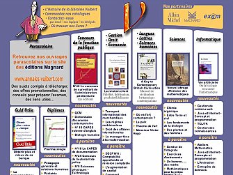 L'image semble être une affiche ou une brochure présentant des ressources éducatives et des publications, probablement liées à des éditions scolaires. On y trouve des sections sur différents domaines tels que la gestion, les lettres, les sciences, et d'autres matières, ainsi que des informations sur des concours et des guides. Les informations de contact ou des recommandations pour des achats peuvent également y être présentes, indiquant une collaboration avec des partenaires.