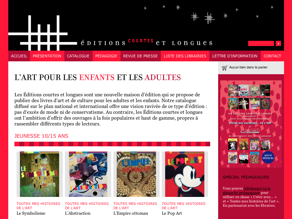 L'image semble être une capture d'écran d'un site internet dédié aux éditions de livres pour enfants et adultes. En haut, il y a le titre "Éditions courtes et longues" avec un design moderne. Le site propose des livres d'art et de culture, avec un accent sur l'éducation. Un section mentionne "L'art pour les enfants et les adultes", indiquant des publications adaptées à différents groupes d'âge. En bas, des vignettes de couvertures de livres sont visibles, suggérant une variété de titres abordant des histoires d'art et des mouvements artistiques. Le design est coloré et attrayant, visant à capter l'attention des visiteurs.