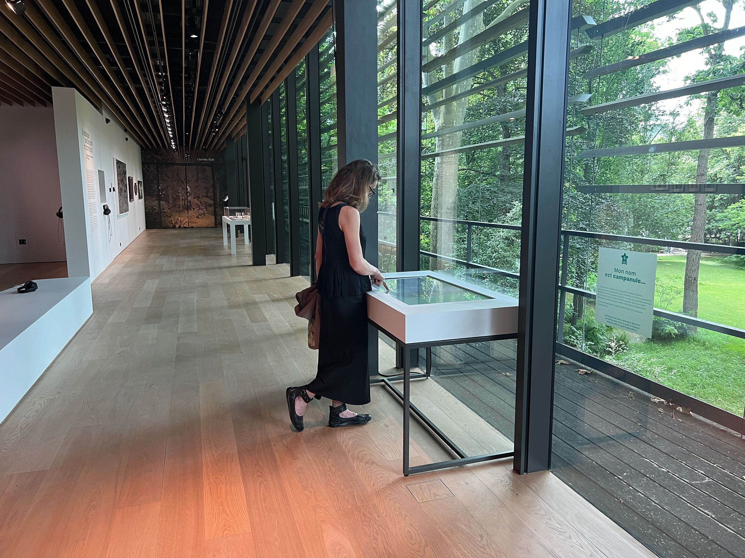 L'image montre une personne se tenant devant une vitrine dans un espace d'exposition. Elle examine quelque chose à l'intérieur de la vitrine, qui est éclairée par la lumière naturelle qui entre par de grandes fenêtres. On peut voir un paysage verdoyant à l'extérieur, suggérant que l'espace est entouré de nature. Le décor intérieur est moderne, avec des murs blancs et un sol en bois. La personne porte une robe noire et semble plongée dans sa contemplation.