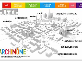 L'image présente un plan ou une carte stylisée d'un lieu appelé "Cité de l'architecture et du patrimoine". On y trouve divers éléments tels que : - Un musée - Des sections pour l'architecture moderne et la sculpture - Un cinéma - Une bibliothèque - Un espace pour des quiz liés à l'architecture - Une maison d'histoires - L'arbre à palabres - Un office de tourisme Chaque élément est illustré de manière simplifiée, avec des bâtiments schématiques représentant différentes sections et activités disponibles dans ce lieu culturel.