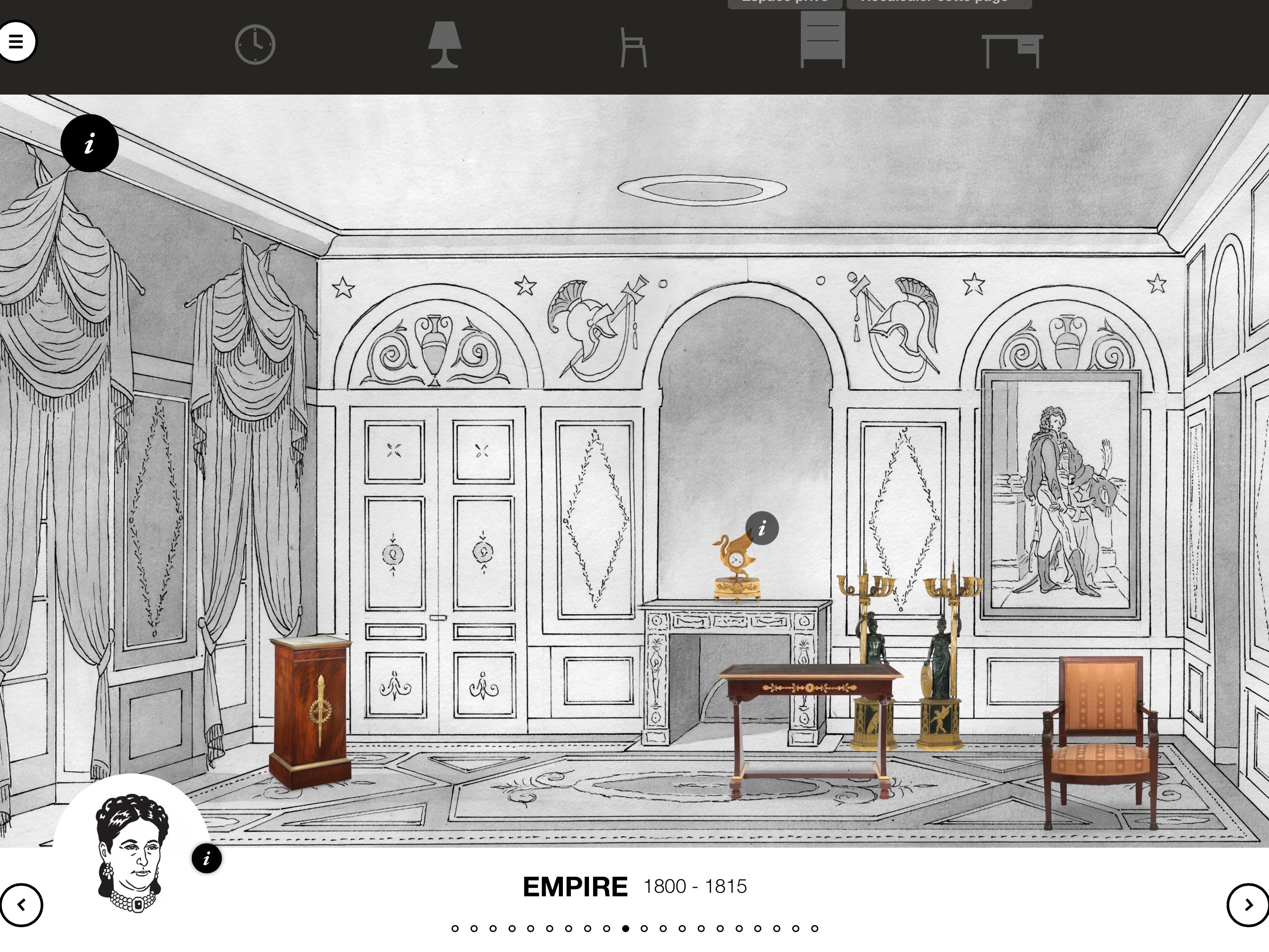 L'image montre une pièce au style Empire, typique du début du 19e siècle. Les murs sont ornés de motifs élégants et de fresques, avec des draperies qui ajoutent une touche de sophistication. Au centre, on peut voir une table accompagnée de chaises, et un grand vase sur chaque côté. Il y a également une cheminée décorée et un tableau accroché, représentant probablement une figure importante de l'époque. L'ensemble de la pièce dégage une atmosphère de luxe et de classicisme.