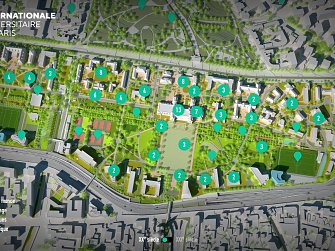 L'image représente un plan de la Cité internationale universitaire de Paris. On y voit une carte détaillée du site, indiquant différentes infrastructures et zones. Les bâtiments sont numérotés et entourés de verdure, avec des espaces de jardin et des installations artistiques visibles. Le plan est illustré de manière claire, permettant de localiser facilement les différents éléments, tels que les espaces de loisirs et les éco-campus.