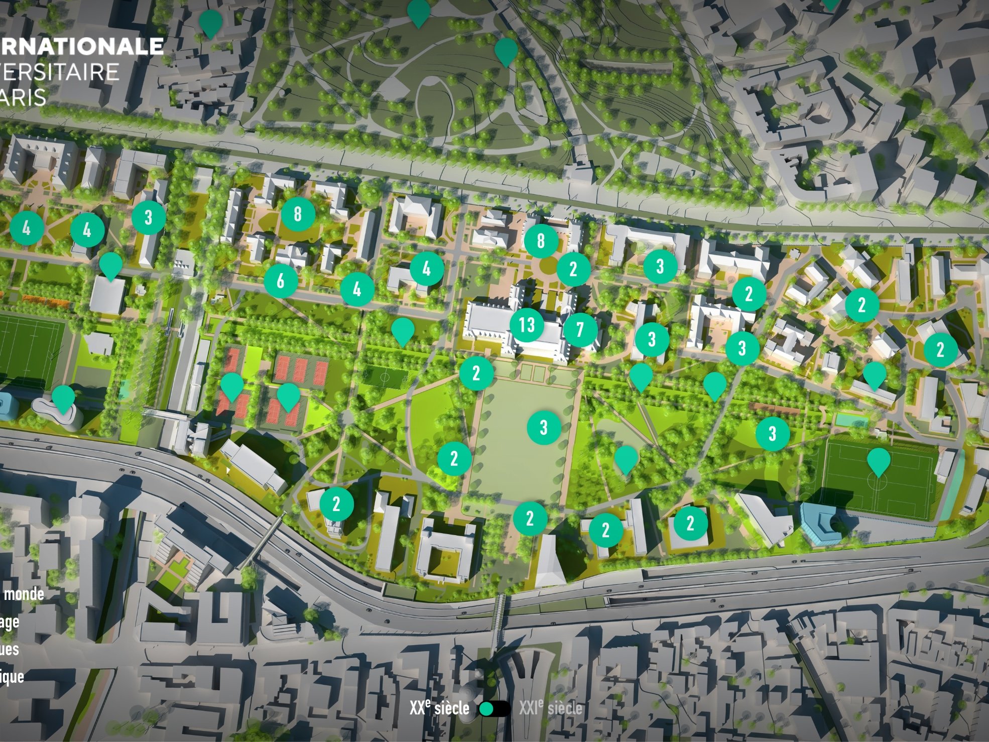 L'image représente un plan de la Cité internationale universitaire de Paris. On y voit une carte détaillée du site, indiquant différentes infrastructures et zones. Les bâtiments sont numérotés et entourés de verdure, avec des espaces de jardin et des installations artistiques visibles. Le plan est illustré de manière claire, permettant de localiser facilement les différents éléments, tels que les espaces de loisirs et les éco-campus.