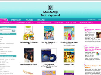 L'image montre la page d'accueil du site web de l'éditeur Magnard. On y trouve un en-tête avec le logo de Magnard, suivi de différentes sections comprenant des liens pour les enseignants, les familles et les bibliothèques. Des vignettes illustrant divers livres et ressources pédagogiques sont présentées, notamment des manuels scolaires pour les matières comme l'histoire, la physique-chimie, et le français. Il y a aussi un espace pour rechercher des livres et des informations supplémentaires sur la maison d'édition.