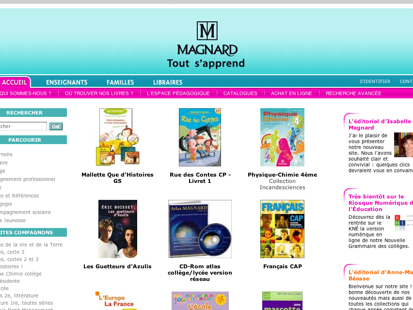 L'image montre la page d'accueil du site web de l'éditeur Magnard. On y trouve un en-tête avec le logo de Magnard, suivi de différentes sections comprenant des liens pour les enseignants, les familles et les bibliothèques. Des vignettes illustrant divers livres et ressources pédagogiques sont présentées, notamment des manuels scolaires pour les matières comme l'histoire, la physique-chimie, et le français. Il y a aussi un espace pour rechercher des livres et des informations supplémentaires sur la maison d'édition.