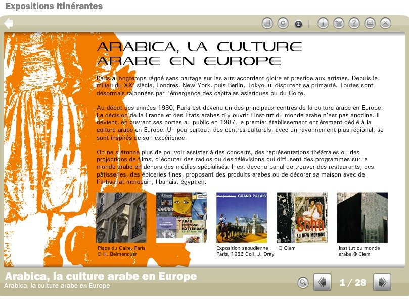 L'image semble présenter un diaporama ou une exposition sur "Arabica, la culture arabe en Europe". Elle inclut des éléments visuels liés à cette thématique, probablement des œuvres d'art ou des photographies. On y voit diverses villes comme Paris et des références à des artistes ou des événements marquants. L'exposition semble explorer l'impact et la présence de la culture arabe en Europe depuis le XXe siècle. Les diapositives semblent contenir des informations sur les artistes et les contributions culturelles.