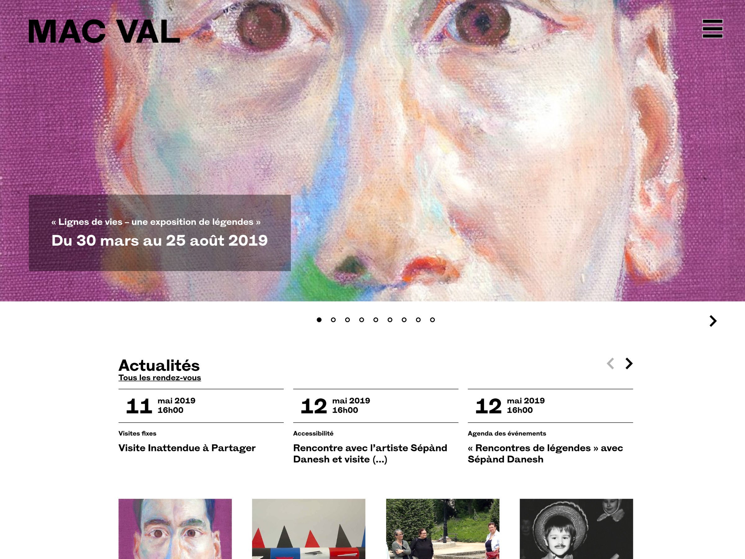 L'image semble représenter une capture d'écran d'un site web, probablement celui d'un musée ou d'une exposition d'art, nommé "MAC VAL". On y voit un visage peint dans un style artistique, suggérant une exposition d'œuvres d'art dont les dates vont du 30 mars au 25 août 2019. En dessous de l'image principale, il y a une section actualités avec des événements programmés, comme des visites et des rencontres avec des artistes. Les informations sont datées en mai 2019.