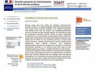 L'image montre un extrait d'une page web de la Direction générale de l'administration et de la fonction publique (DGAFP). En haut, on trouve le logo et le titre, ainsi qu'une date indiquant "jeudi 5 janvier 2006". Le contenu aborde les conditions d'accès aux concours pour la fonction publique. Il commence par mentionner qu'un grand nombre de candidats s'inscrivent chaque année et fournit des informations générales sur les processus et les exigences liés à ces concours. Il semble aussi y avoir des liens pour accéder à d'autres sections de la page.