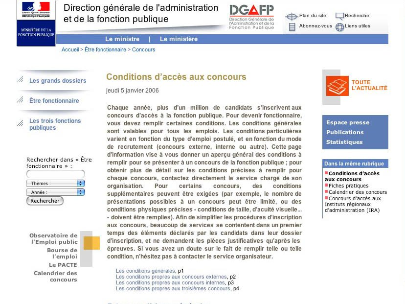 L'image montre un extrait d'une page web de la Direction générale de l'administration et de la fonction publique (DGAFP). En haut, on trouve le logo et le titre, ainsi qu'une date indiquant "jeudi 5 janvier 2006". Le contenu aborde les conditions d'accès aux concours pour la fonction publique. Il commence par mentionner qu'un grand nombre de candidats s'inscrivent chaque année et fournit des informations générales sur les processus et les exigences liés à ces concours. Il semble aussi y avoir des liens pour accéder à d'autres sections de la page.