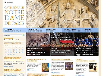 L'image semble représenter le site web de la Cathédrale Notre-Dame de Paris. On y trouve divers éléments, comme le titre "Cathédrale Notre-Dame de Paris" en haut, ainsi qu'une navigation vers des sections comme "Informations pratiques", "Musique sacrée" et "Actualités". Il y a également un calendrier des événements, des concerts et des conférences, et des images de l'intérieur de la cathédrale, ainsi que des liens pour télécharger des documents. L'ensemble est visuellement attractif et bien organisé.
