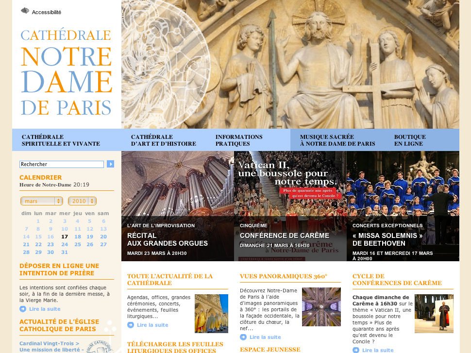 L'image semble représenter le site web de la Cathédrale Notre-Dame de Paris. On y trouve divers éléments, comme le titre "Cathédrale Notre-Dame de Paris" en haut, ainsi qu'une navigation vers des sections comme "Informations pratiques", "Musique sacrée" et "Actualités". Il y a également un calendrier des événements, des concerts et des conférences, et des images de l'intérieur de la cathédrale, ainsi que des liens pour télécharger des documents. L'ensemble est visuellement attractif et bien organisé.