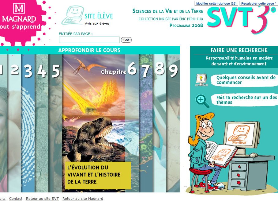L'image semble être une interface d'un site éducatif lié aux sciences de la vie et de la Terre. On y voit un design coloré avec des sections numérotées, indiquant différents chapitres ou unités d'apprentissage. Le chapitre en question aborde "L'évolution du vivant et l'histoire de la Terre". À gauche, il y a probablement une illustration d'un paysage naturel avec des éléments de faune et de flore. On aperçoit également un personnage, qui pourrait être un enseignant, interagissant avec le contenu du site. Le tout est structuré de manière à encourager les utilisateurs à explorer et à approfondir leurs connaissances.