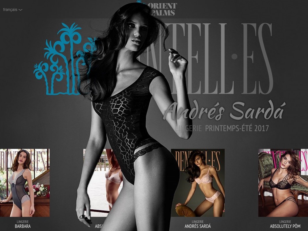 L'image présente une présentation de lingerie de la collection Printemps-Été 2017 d'Andrés Sardà. Au centre, on voit un modèle portant une lingerie élégante. En bas de l'image, il y a trois vignettes présentant d'autres modèles de lingerie, avec les noms « Barbara », « Absolu » et « Andrés Sardà ». Le design est chic et moderne, mettant en avant la mode lingerie. Le fond est sombre, ce qui fait ressortir les couleurs et les détails des pièces présentées.