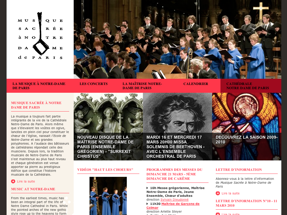 L'image semble être un site web dédié à la musique sacrée à Notre-Dame de Paris. On y trouve des sections sur les concerts, un calendrier, et des informations sur la Maîtrise de Notre-Dame et la cathédrale. Il y a probablement des photos de choristes et d'événements musicaux. Le design inclut une croix et un style sobre en lien avec l'ambiance religieuse et culturelle de l'endroit.