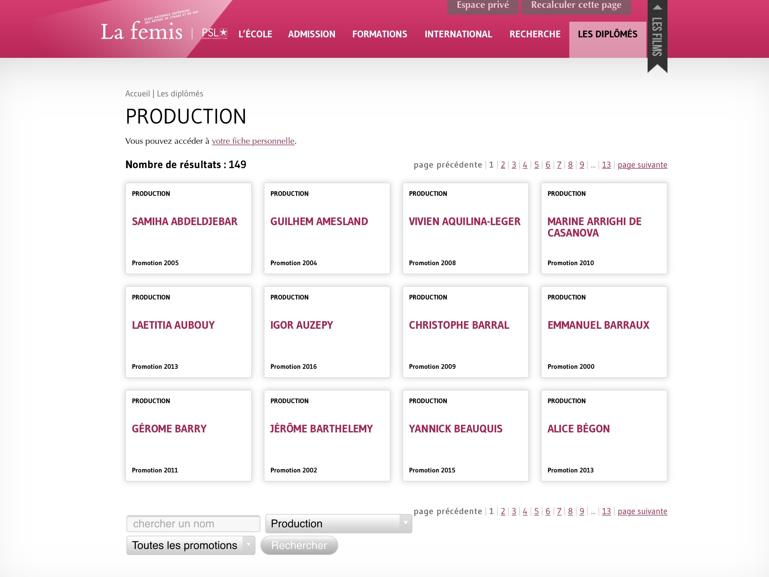L'image présente une interface d'un site web, probablement celle de "La femis". On voit une section intitulée "PRODUCTION" avec un tableau contenant des résultats. Chaque case du tableau affiche un nom, probablement des personnes associées à la production, ainsi que l'année correspondante. Les noms sont disposés en plusieurs colonnes et lignes. En haut de la page, on trouve des options de navigation telles que "Accueil", "Les diplômes", "FAQ", et d'autres liens. La mise en page utilise des couleurs douces et un design minimaliste.