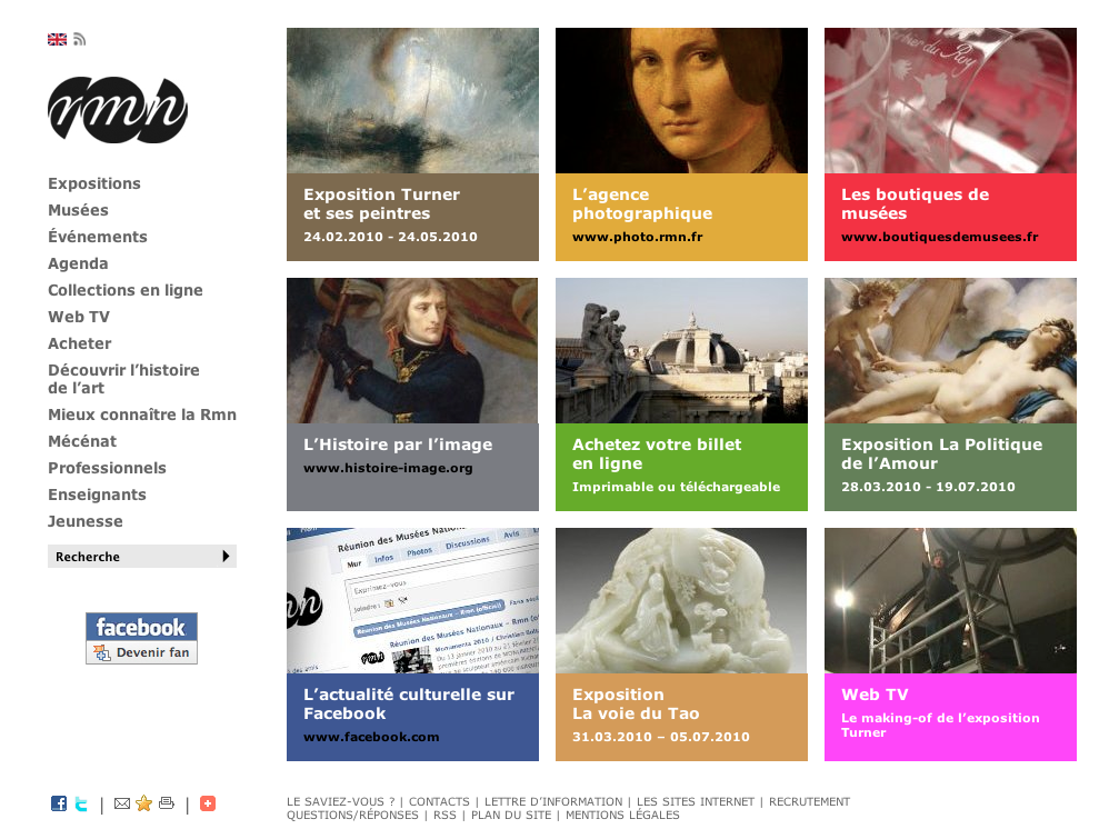 L'image est une capture d'écran d'un site web dédié à des expositions et des événements culturels. On y trouve plusieurs sections, dont des expositions passées et à venir, ainsi que des liens vers des musées et des boutiques. Il y a également des éléments visuels variés tels que des œuvres d'art célèbres, illustrant la diversité des événements proposés. Des informations sur l'agence photographique, des billets d'entrée et des actualités culturelles sont aussi présentes. L'ensemble est conçu de manière attrayante avec un agencement de couleurs et d'images qui mettent en avant le monde de l'art.
