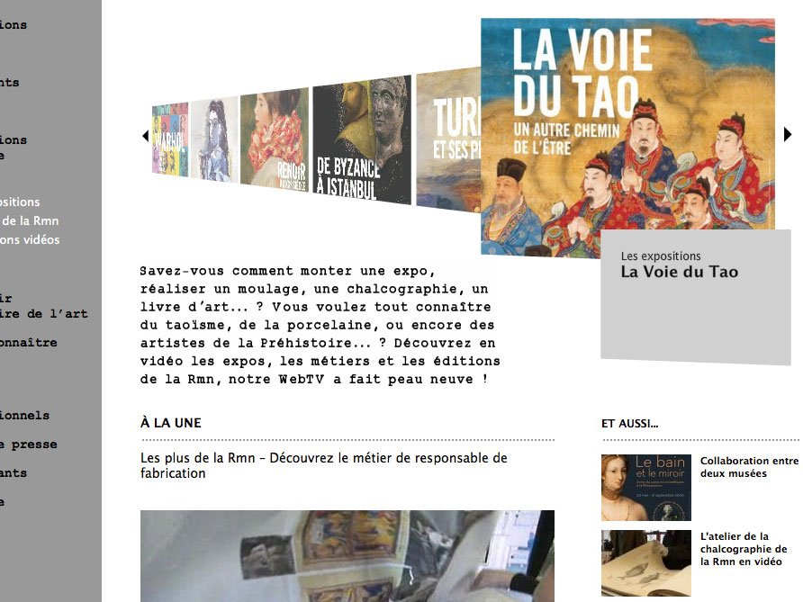 L'image semble être une capture d'écran d'un site web lié à une institution culturelle, probablement un musée ou une galerie d'art. On y trouve des sections pour les expositions, les événements et les collections, ainsi que des liens vers des vidéos et des informations sur des métiers artistiques. Le titre "La Voie du Tao" est mentionné, ce qui suggère qu'il pourrait s'agir d'une exposition ou d'un sujet explorant des thèmes artistiques et philosophiques. Des éléments visuels variés, comme des œuvres d'art et des illustrations, semblent également être présents pour attirer l'attention des visiteurs.