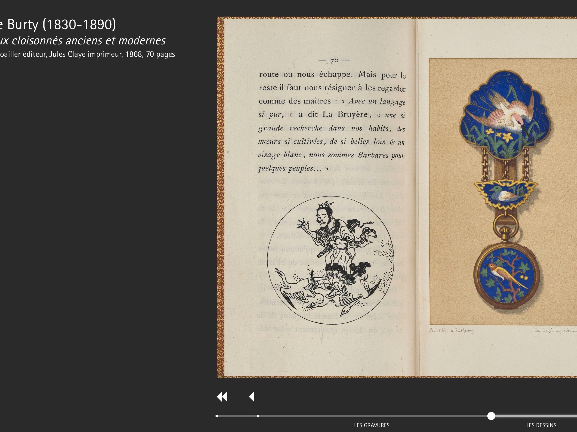 L'image présente une page d'un livre ancien. À gauche, il y a une illustration en noir et blanc représentant une scène ornée de motifs. À droite, un médaillon orné d'un motif bleu et doré est présenté sur un fond beige. Le texte visible mentionne Philippe Burty et parle des émaux anciens et modernes, suggérant un lien avec l'art ou l'artisanat des émaux en France. L'ensemble témoigne d'une certaine esthétique et d'un savoir-faire traditionnel.