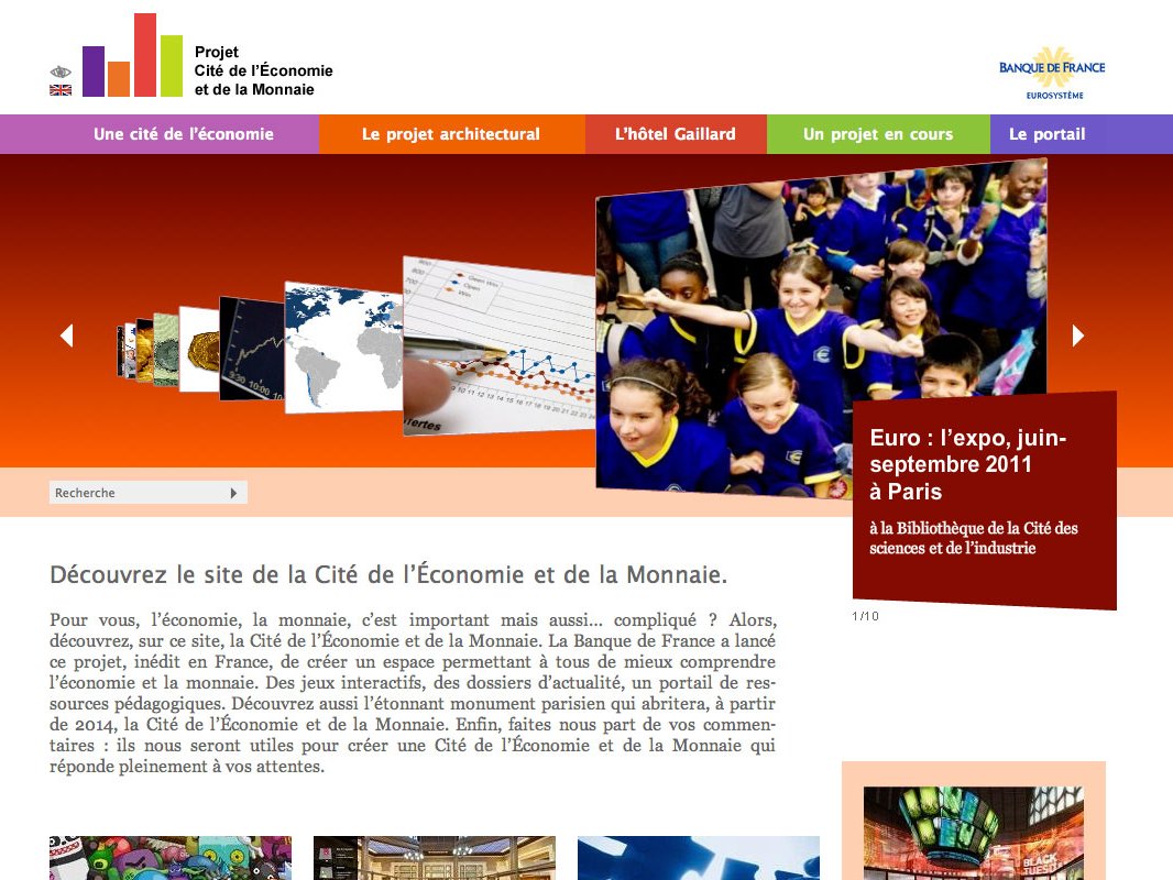 L'image que vous avez décrite semble représenter une page web dédiée au Projet de la Cité de l'Économie et de la Monnaie. On y trouve des éléments visuels comme des graphiques et des images d'enfants, probablement en rapport avec des activités éducatives liées à l'économie. Le texte mentionne la visite du site, ainsi que des informations sur des événements passés à Paris. Le design paraît structuré, avec des sections claires pour naviguer entre les différentes parties du projet.